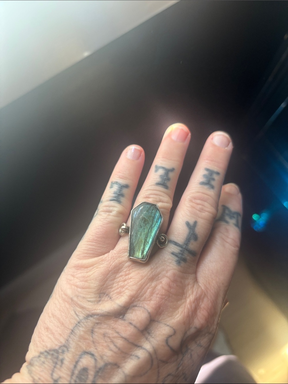Sterling Silver Coffin Labradorite Ring in Iridescent Green
